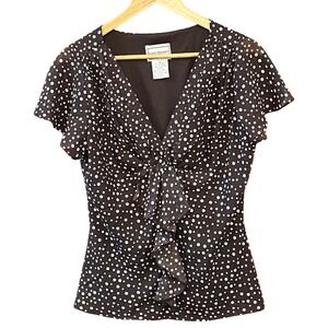 Vintage Karin Stevens Chocolate Brown Polka Dot Blouse Tie Front Black White